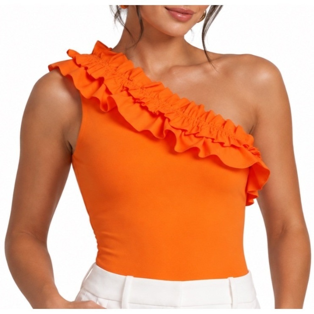 ENDLESS ROSE Vibrant Orange Knit Bodysuit ONE SHOULDER DOUBLE RUFFLE Poplin M